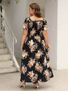 Nemidor 波西米亞褶皺邊 口袋花卉印花 全身印花加大洋裝 - 黑色 - 查看 2
