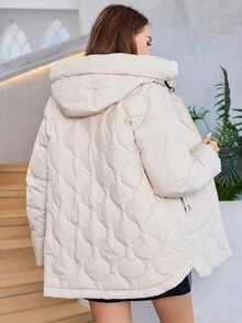 HaiLuoZi Plus Size Zip Up Hooded Quilted Padded Coat - Beige - View 6