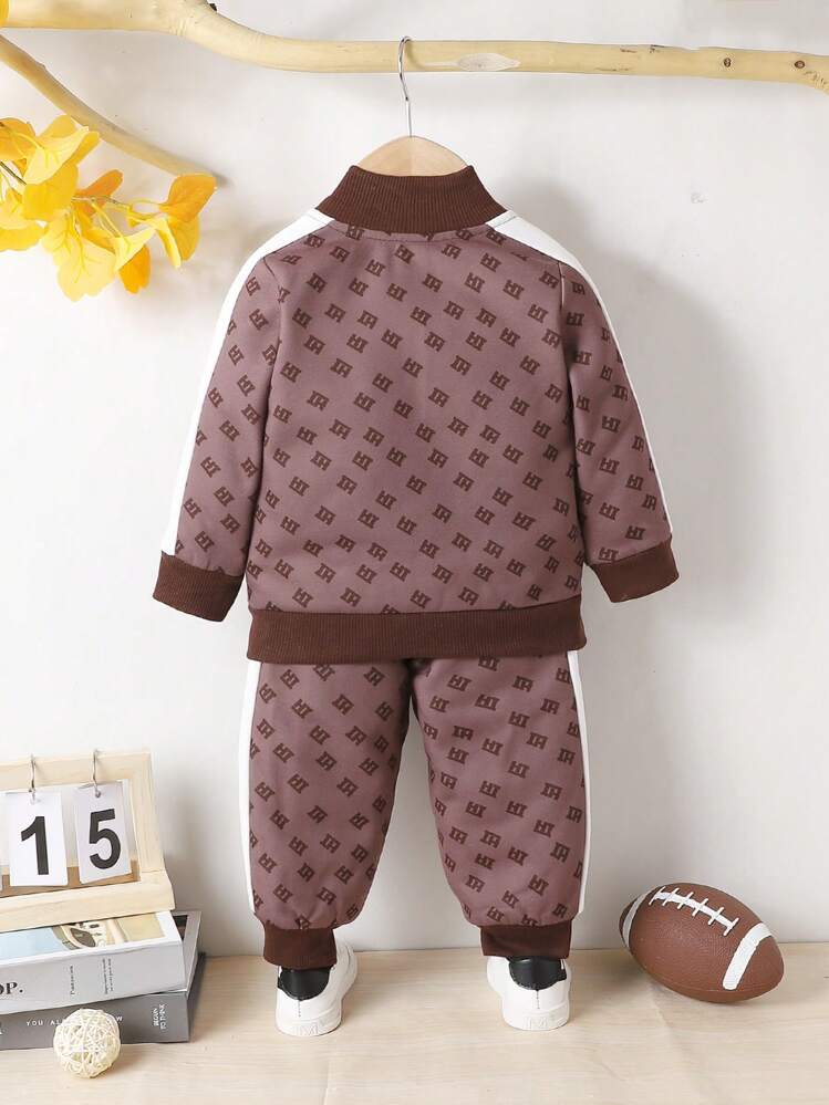 Bebé niño Cazadora con estampado con costura lateral en contraste con pantalones deportivos - Café integral - Añade 2