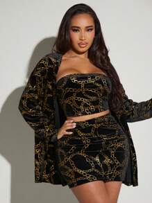 SHEIN SXY 錬條圖案絲絨抹胸上衣&包臀半身裙&外套 - 彩色 - 查看 4