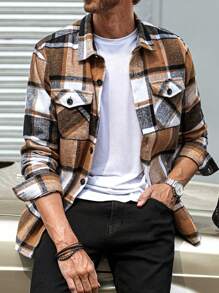 男士格紋印花翻蓋口袋襯衫式夾克 - 卡其色 - 查看 4