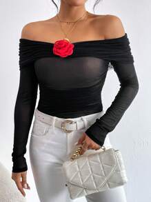 SHEIN Privé Off Shoulder Ruched Mesh Tee - Black - View 1