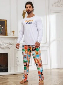 Hombres Conjunto de pijama con estampado de letra - Multicolor - Ver 4
