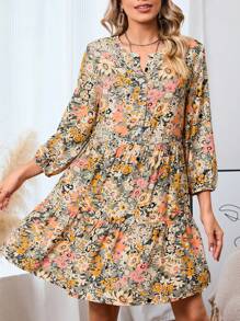 Floral Print Lantern Sleeve Ruffle Hem Smock Dress - Multicolor - View 6