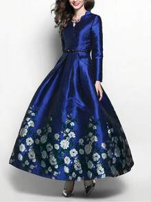 Floral Print Scallop Trim Dress Elegant Long Sleeve Formal Evening Prom Wedding Guest Gown, For Graduation, Dinner Party Dress - Blue - View 3