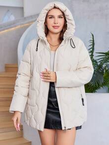 HaiLuoZi Plus Size Zip Up Hooded Quilted Padded Coat - Beige - View 3