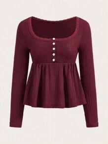 ROMWE Scoop Neck Peplum Hem Tee - Burgundy - View 1