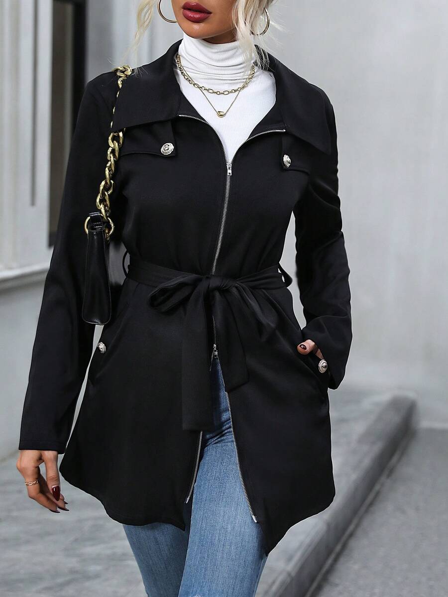 SHEIN LUNE Zip Up Slant Pocket Belted Coat - Black - View 1