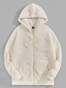 GENTILAND Men Kangaroo Pocket Drawstring Hooded Teddy Jacket - Beige - View 1