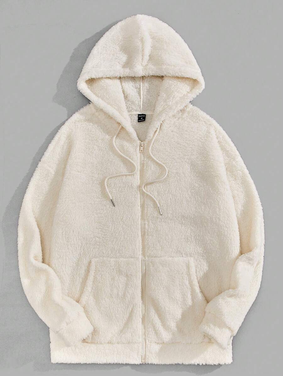 GENTILAND Men Kangaroo Pocket Drawstring Hooded Teddy Jacket - Beige - View 1