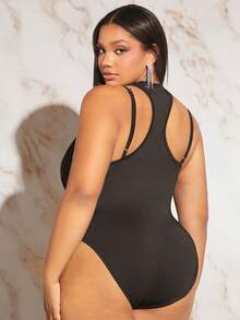 SHEIN SXY Plus Cut Out Front Tank Bodysuit - Black - View 2