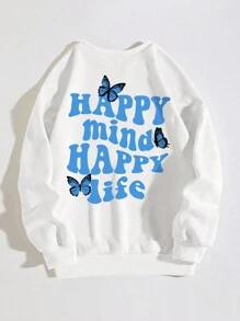 SHEIN EZwear Plus Slogan & Butterfly Print Thermal Pullover - White - View 1