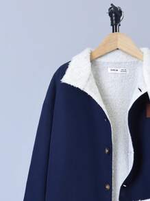 SHEIN 男大童字母補丁細節毛絨內襯外套 - 軍綠色 - 查看 4