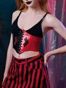 Harley Quinn | ROMWE Mujer 1 pieza Cinturón corsé de color combinado con diseño de diamante de imitación con cordón - Negro - Ver 3