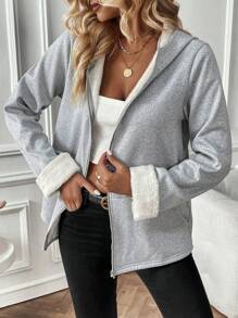 Chiquease Lót Teddy Dây kéo Áo trùm đầu - Xám - Xem 7