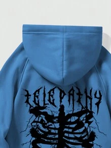 ROMWE MEN Grunge Punk 男士骷髏印花綠袖拉繩保暖連帽衫 - 藍色 - 查看 4