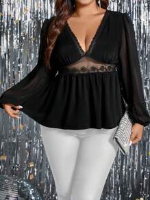 SHEIN Clasi 大碼蕾絲拼接燈籠袖荷葉邊下擺襯衫 - 黑色 - 查看 4