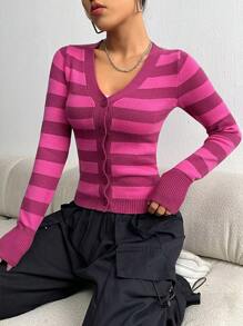 SHEIN Unity Mẫu sọc Nút phía trước Áo len Mở - Nhiều màu - Xem 1