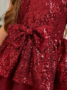 SHEIN Little Girls Sequin Decor Round Neck Cap Sleeve Glamorous Party Dress, Mommy & Me