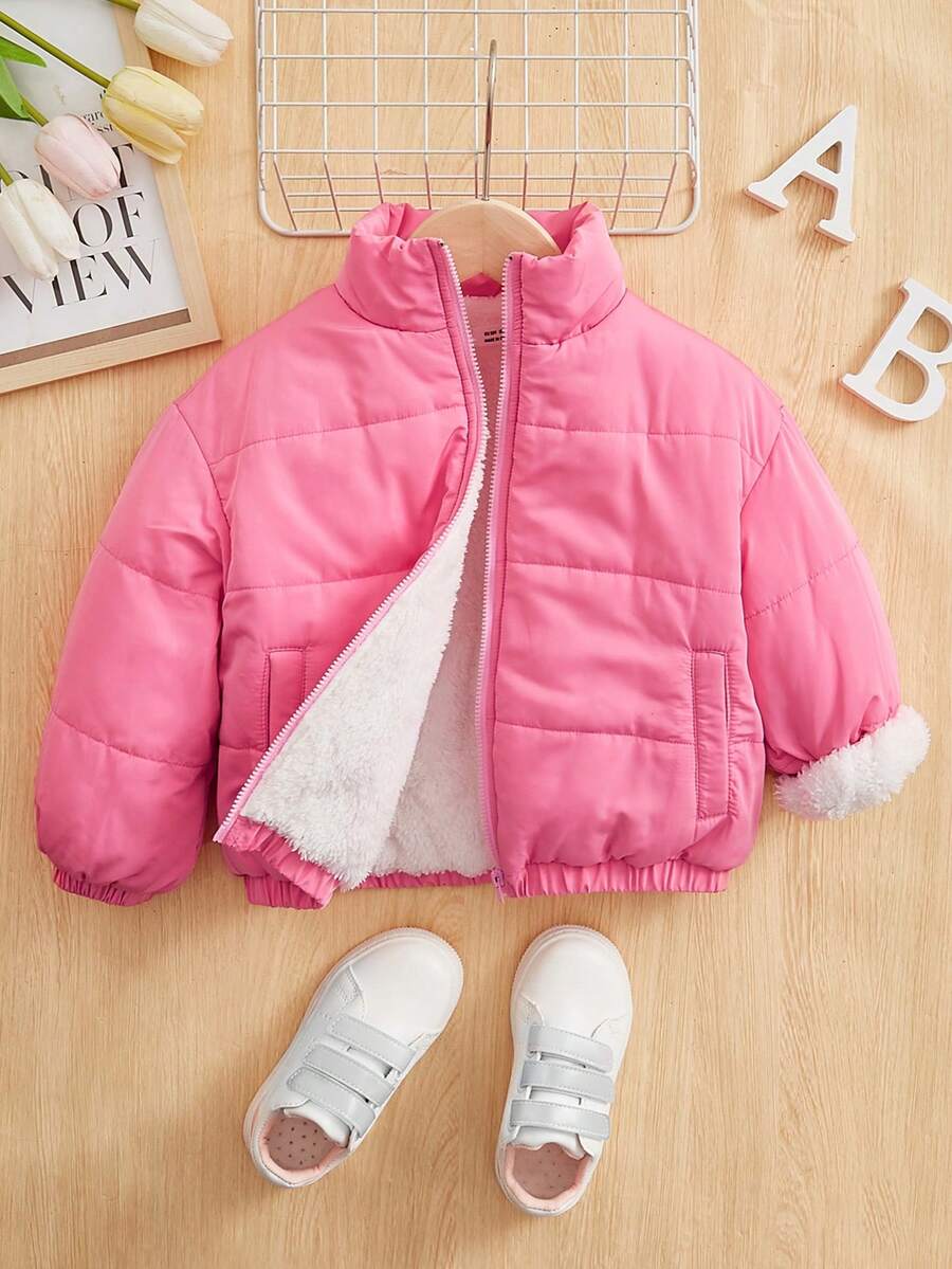 SHEIN 年轻女孩拉链保暖衬垫外套 - 粉色 - 查看 1