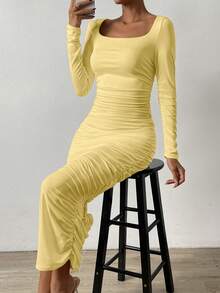 Chiquease Vestido ajustado de cuello cuadrado fruncido - Amarillo - Ver 6