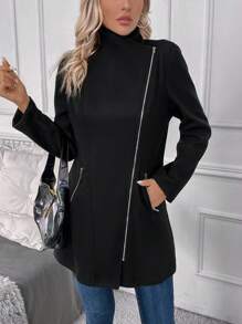 SHEIN LUNE Waterfall Collar Zip Up Overcoat - Black - View 4