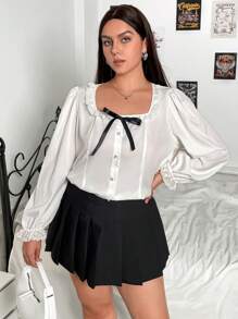 SHEIN Qutie Plus Frill Trim Bow Front Blouse - White - View 6