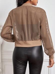 SHEIN Essnce Zip Up Mesh Bomber Jacket - Khaki - View 2