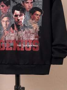 SHEIN Tween Boys Slogan & Figure Graphic Drop Shoulder Thermal Lined Sweatshirt - Black - View 3