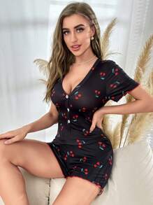 櫻桃圖案前紐扣連體睡衣 - 黑色 - 查看 5