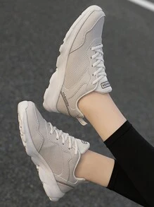 Women Solid Color Lace-Up Casual Lightweight Comfort Student Sneakers, Suitable For All Seasons, Beige