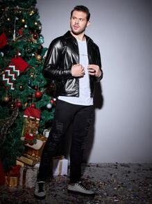 Manfinity VCAY Loose Fit Men's Pu Leather Zipper Jacket - Black - View 5