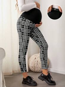SHEIN Maternity Plaid Print Leggings - Black and White - View 1