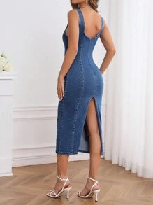 SHEIN Privé Split Back Tank Denim Dress - Dark Wash - View 2