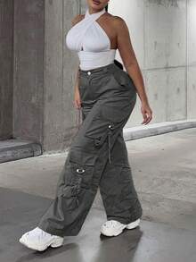 側翻蓋口袋工裝褲 - 深灰色 - 查看 3