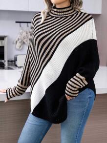 SHEIN LUNE Plus Striped Pattern Turtleneck Batwing Sleeve Sweater - Multicolor - View 5