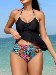 花卉印花褶皺領綁頸坦克泳衣 - 彩色 - 查看 1