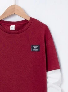 SHEIN Leap Crew Tween Boy Letter Patched 2 In 1 Tee - Burgundy - View 3
