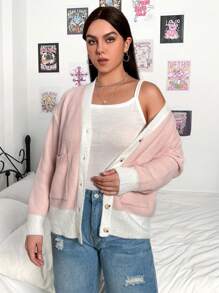 Flirla 大碼拼接邊落肩袖開襟衫 - 彩色 - 查看 6