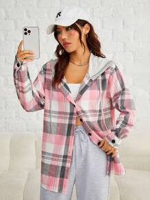 SHEIN EZwear Plaid Print Drop Shoulder Drawstring Hooded Shirt - Pink - View 5