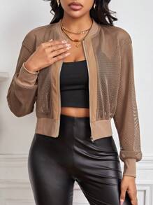 SHEIN Essnce Zip Up Mesh Bomber Jacket - Khaki - View 4