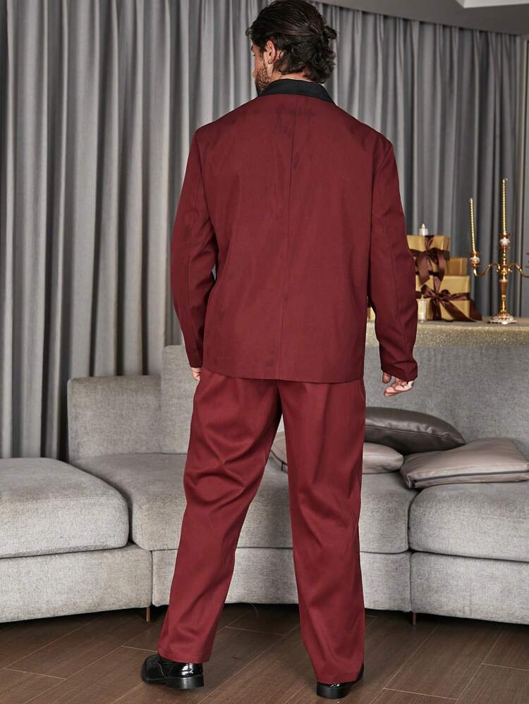 Men Plus Contrast Panel Shawl Collar Blazer & Pants