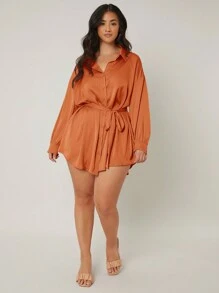 SHEIN Essnce Plus Drop Shoulder Belted Shirt - Rust Brown - View 5