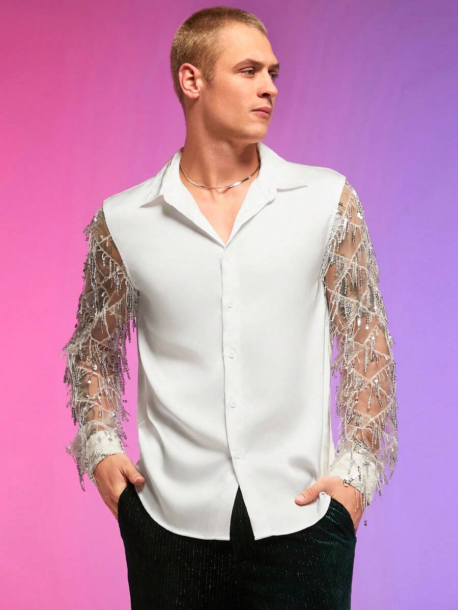 FeverCity Men Contrast Sequin Mesh Insert Button Up See Through Party Sexy Shirt, Boyfriend Gift - White - View 1