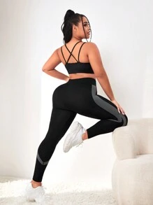 Easithlete Hơn In sọc Kiểm soát bụng Quần Xà cạp thể thao - Đen và trắng - Xem 3