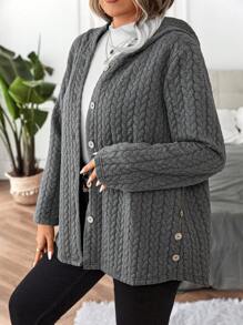 Calvaya Plus Cable Knit Hooded Coat - Dark Grey - View 3