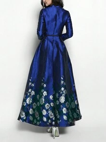 Floral Print Scallop Trim Dress Elegant Long Sleeve Formal Evening Prom Wedding Guest Gown, For Graduation, Dinner Party Dress - Blue - View 2