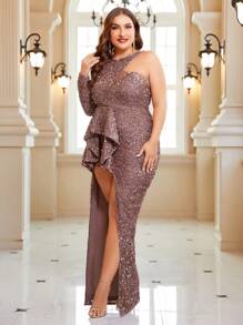 SHEIN Belle 非對稱設計的豪華串珠性感荷葉邊禮服,加大碼,適用於派對(較重) - 杏色 - 查看 6