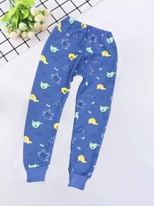 小男孩蓝色怪物卡通印花保暖内衬休闲运动裤，保暖加厚，秋冬 - 藍色 - 查看 2