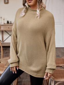 SHEIN LUNE Plus Mock Neck Drop Shoulder Sweater Without Belt Knit Pullover Fall Winter Sweater - Apricot - View 1